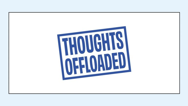 A graphic of a stamp print that says 'thoughts offloaded'