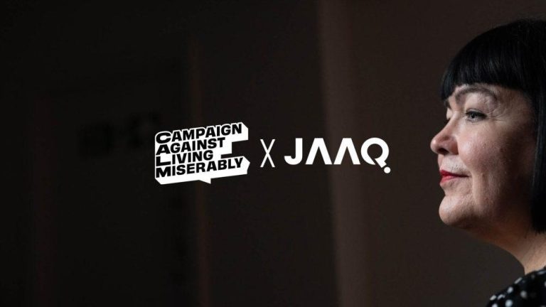 CALM and JAAQ's logo together on top of a photo of side view of someone's face